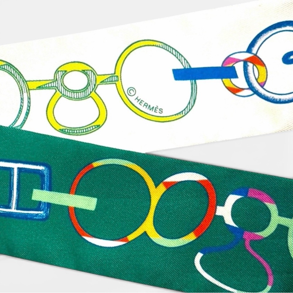 💞HERMES Silk Twilly Ribbon Scarf “Do Re Boucles” • Vert Vif Blanc (Green White) - Picture 5 of 10